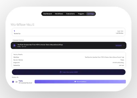 Dark-themed Workflow Vault dashboard interface with sections for workflows, executions, triggers, and settings.