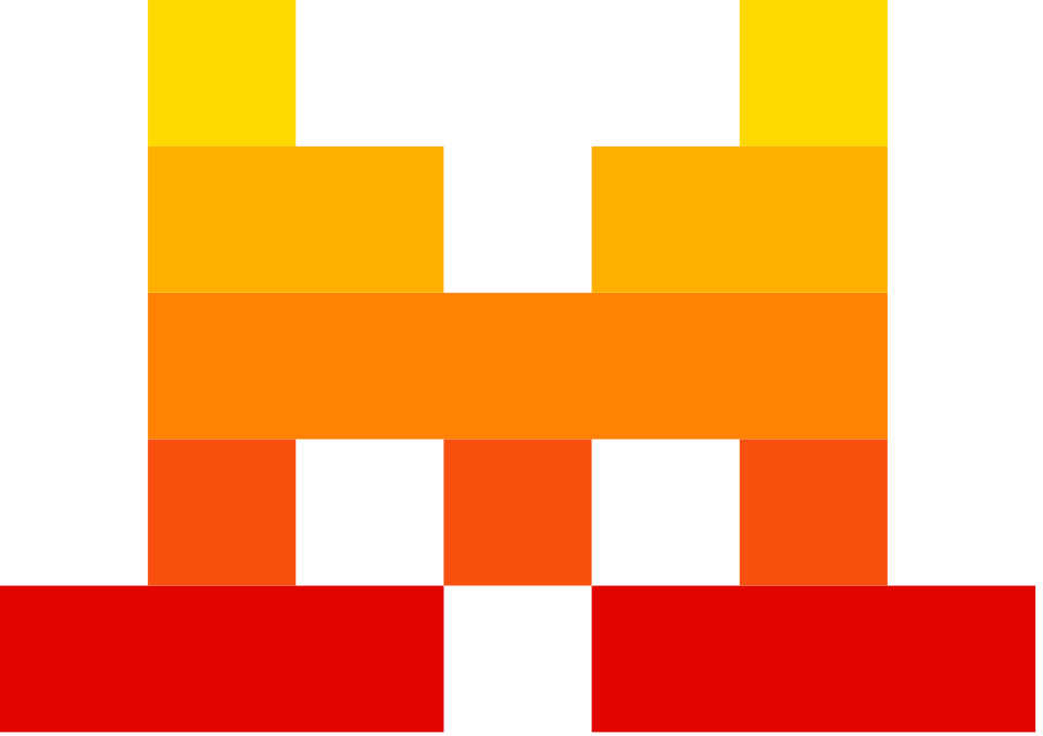 Pixel art abstract face composed of colored squares in yellow, orange, and red on a black background.