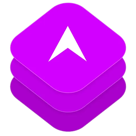 Purple stacked squares icon with a white upward-pointing arrow on top, against a yellow background.